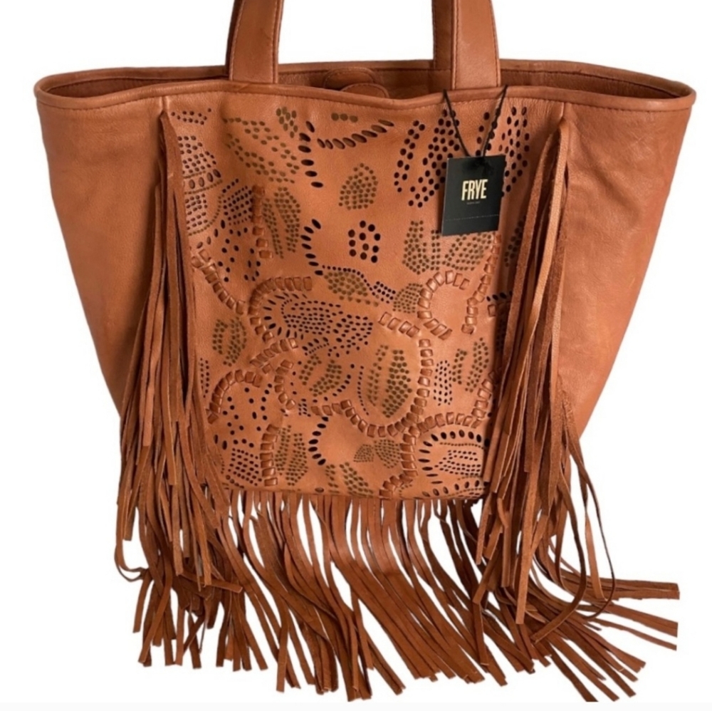 Frye Leather Lazer Cut Fringe Large Tote NWT